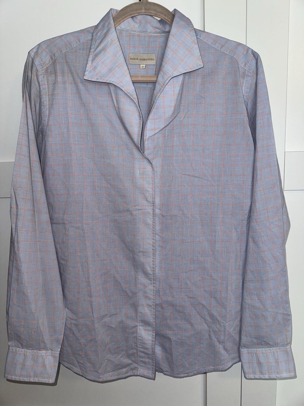 Sarah Alexandra 100% Cotton Windowpane Hidden Button Front Shirt Blue Orange 12